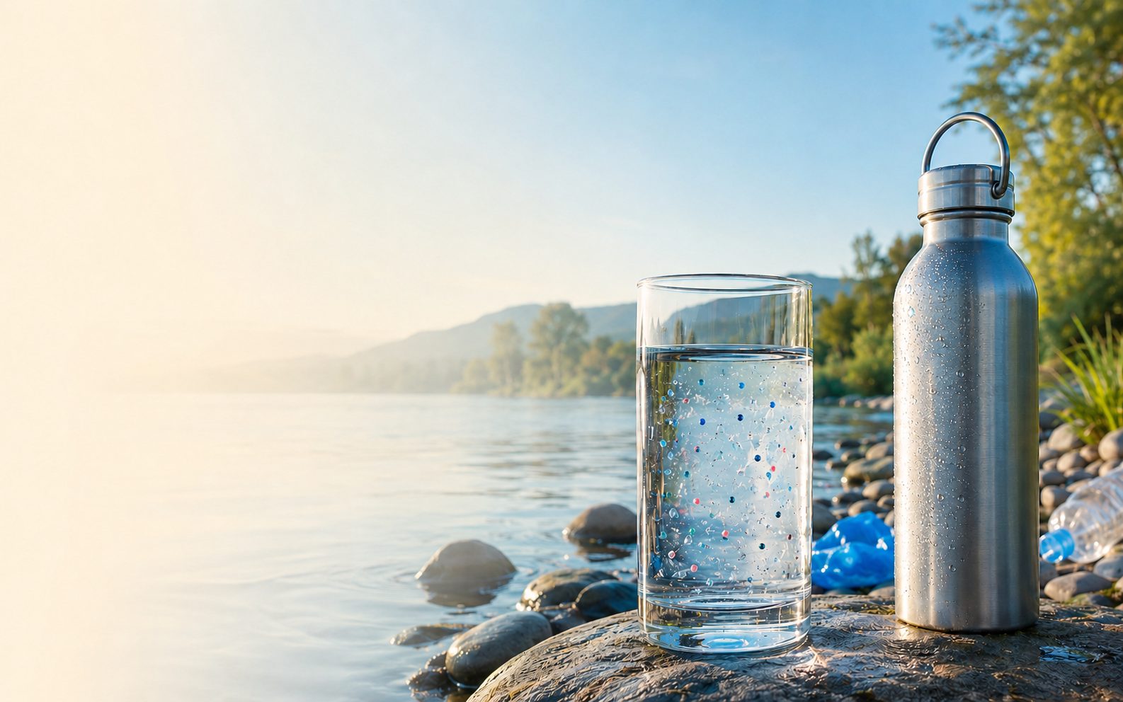 Clean water, a reusable bottle, a river, and tiny colorful particles representing microplastics