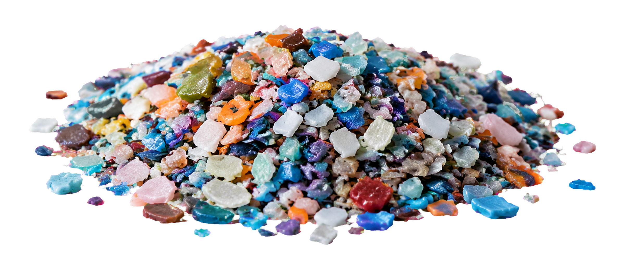 A sharply detailed pile of colorful microplastic fragments