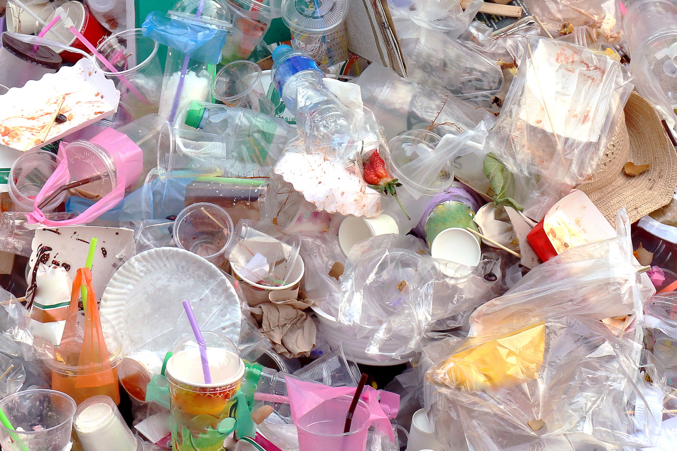 Discarded plastic bottles and packaging